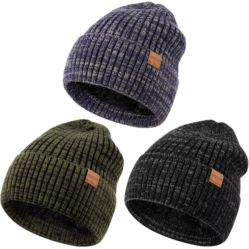 Unisex Black Navy Warm Fleece-Lined Knit Beanie Skull Cap for Cold Weather